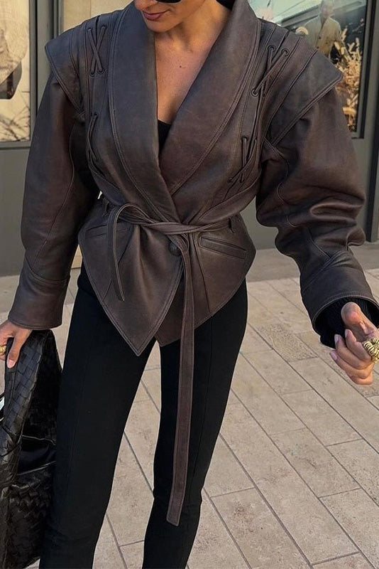 Street-Style High-Gloss Lace-up Leather Jacket