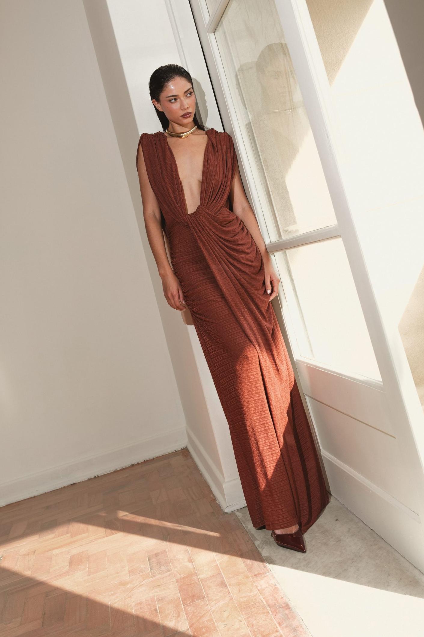 Plunging Neckline Draped Maxi Dress