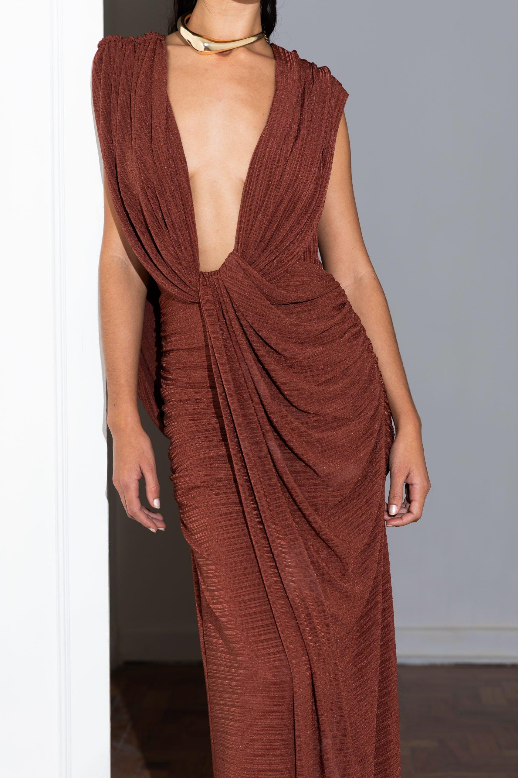 Plunging Neckline Draped Maxi Dress
