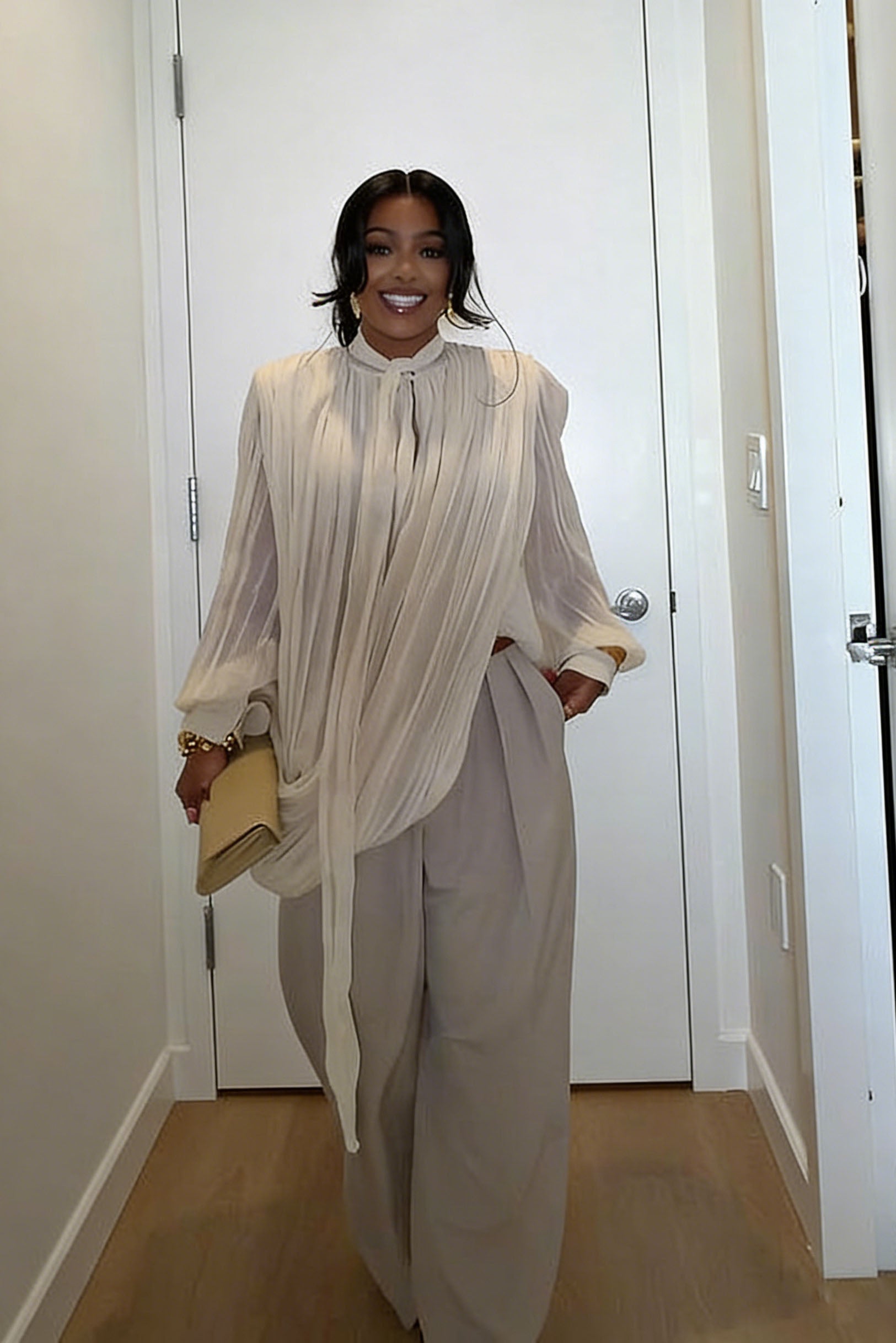 Tie-Neck Pleated Blouse