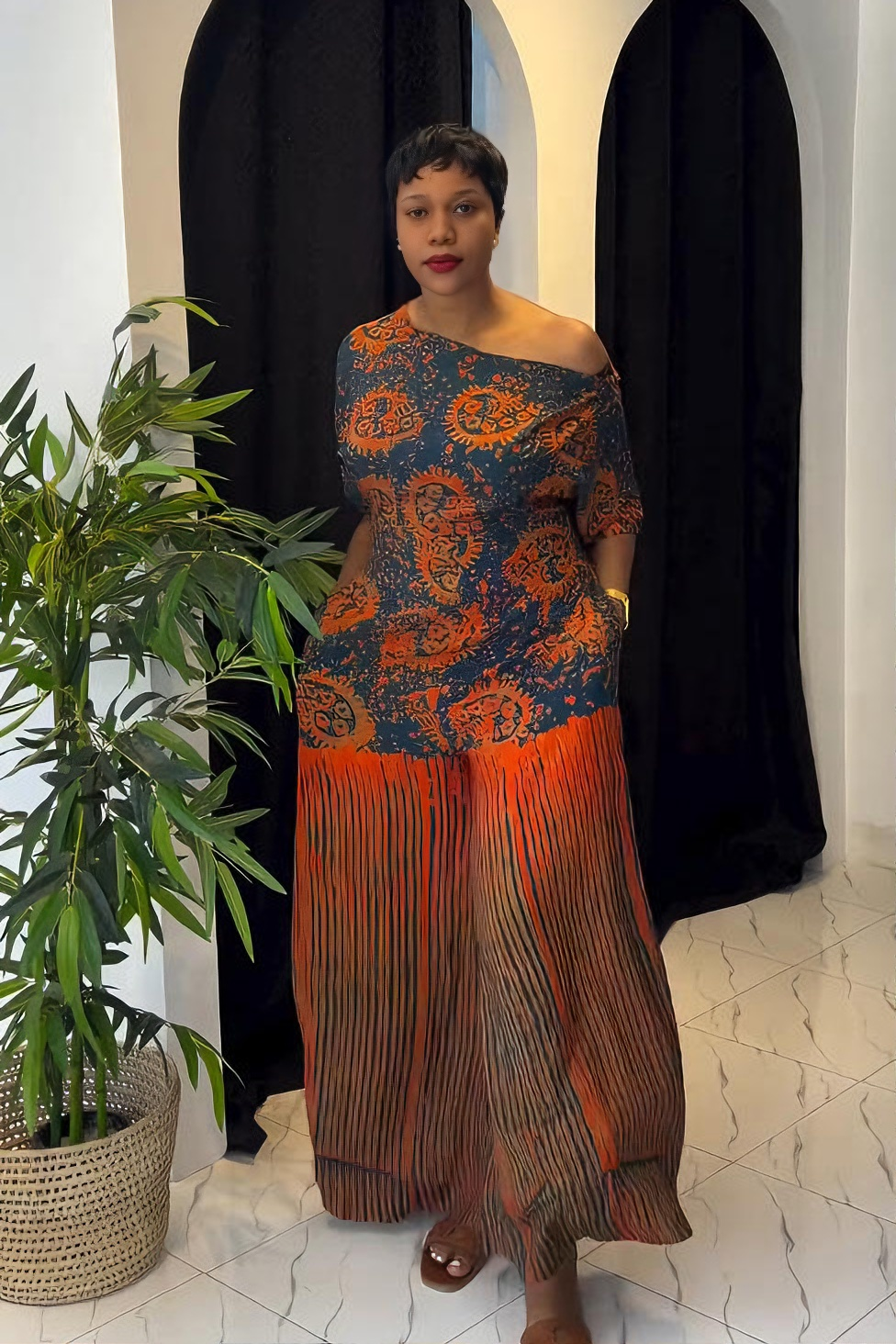 Sunset Ankara Tie-Waist Palazzo Jumpsuit