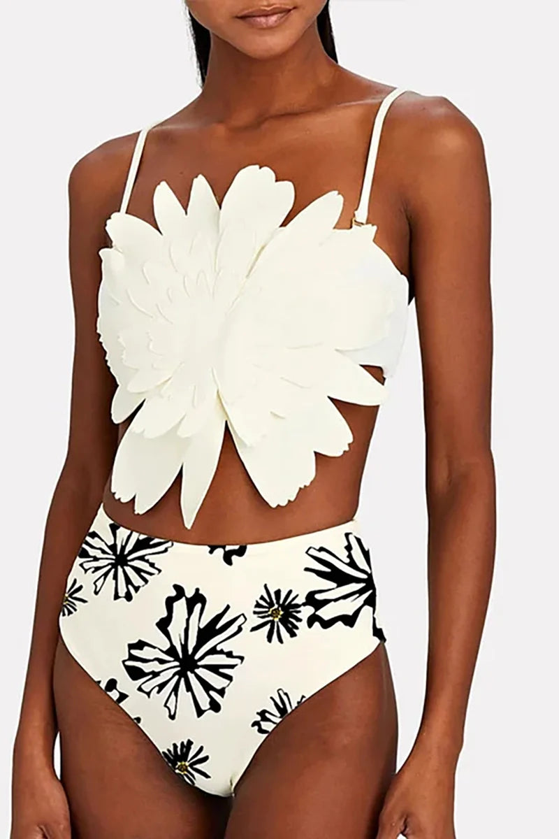 Floral Trim White Printed Bikini Set
