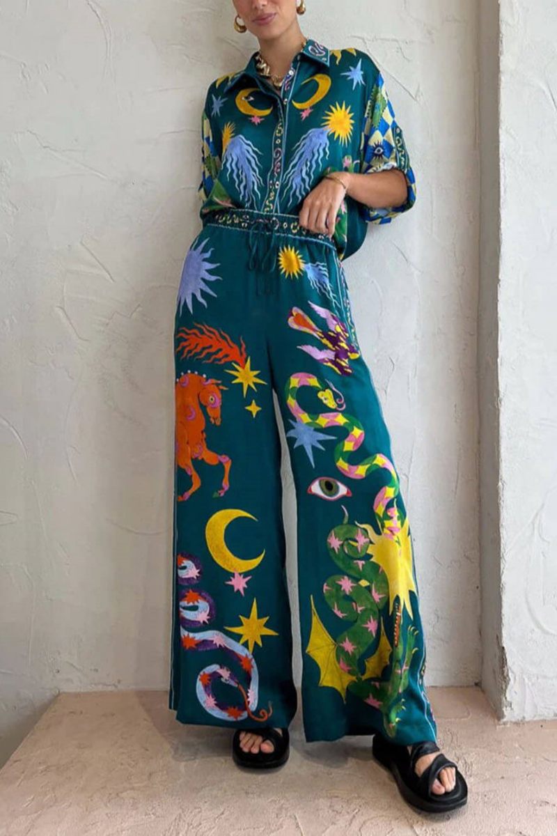 Unique Print Elastic Waist Pocketed Wide Leg Pants Set