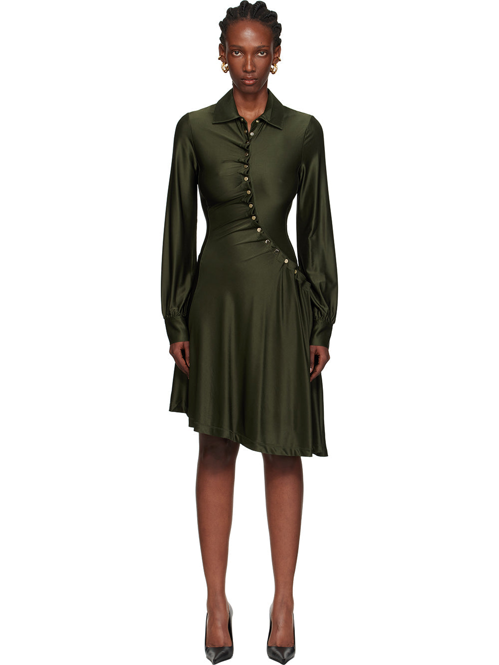 Rochie midi asimetrică din satin cu cămașă