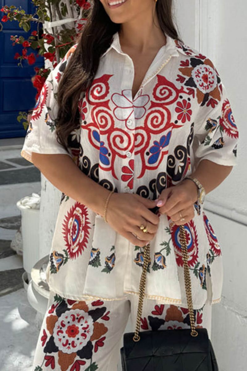 Ensemble Pantalon Large à Taille Élastique avec Poches et Imprimé Floral Ethnique Unique et Exquis