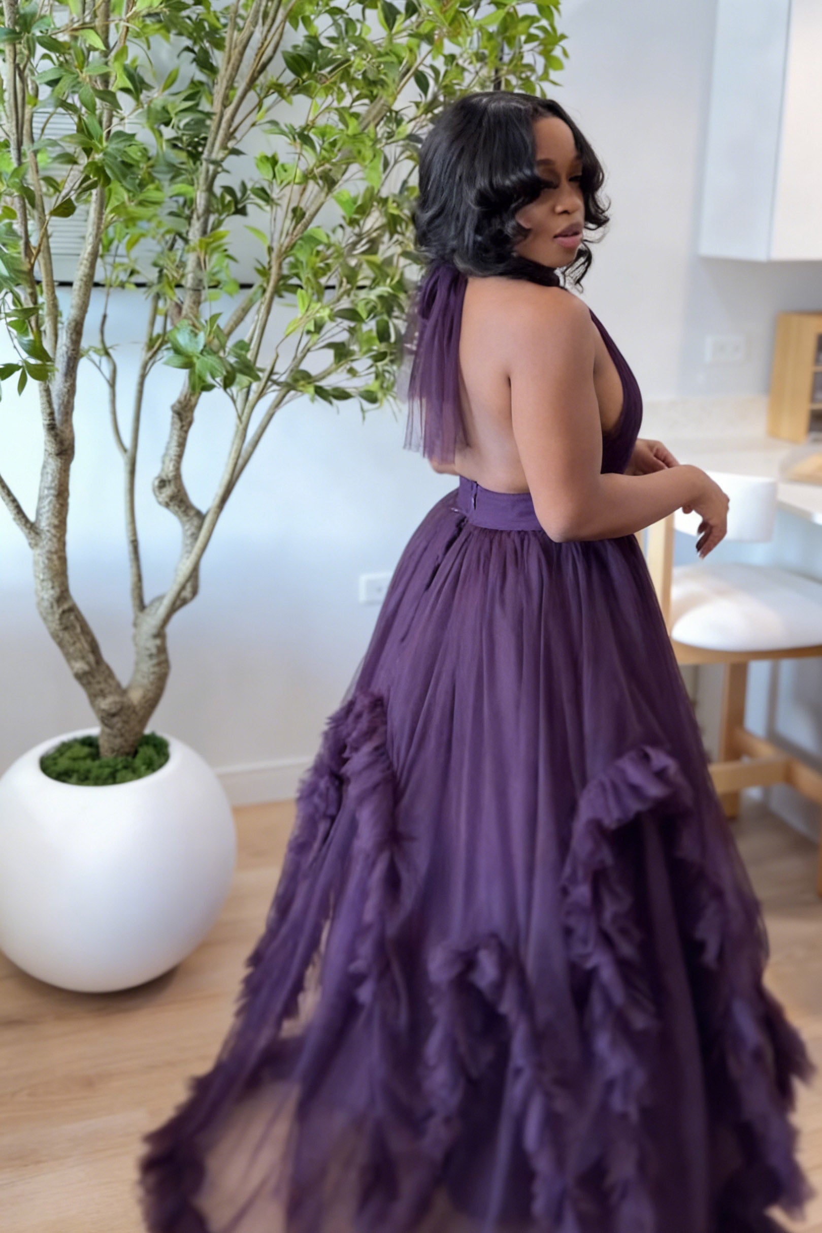 Backless Halter Voluminous Ruffled Hem Maxi Dress