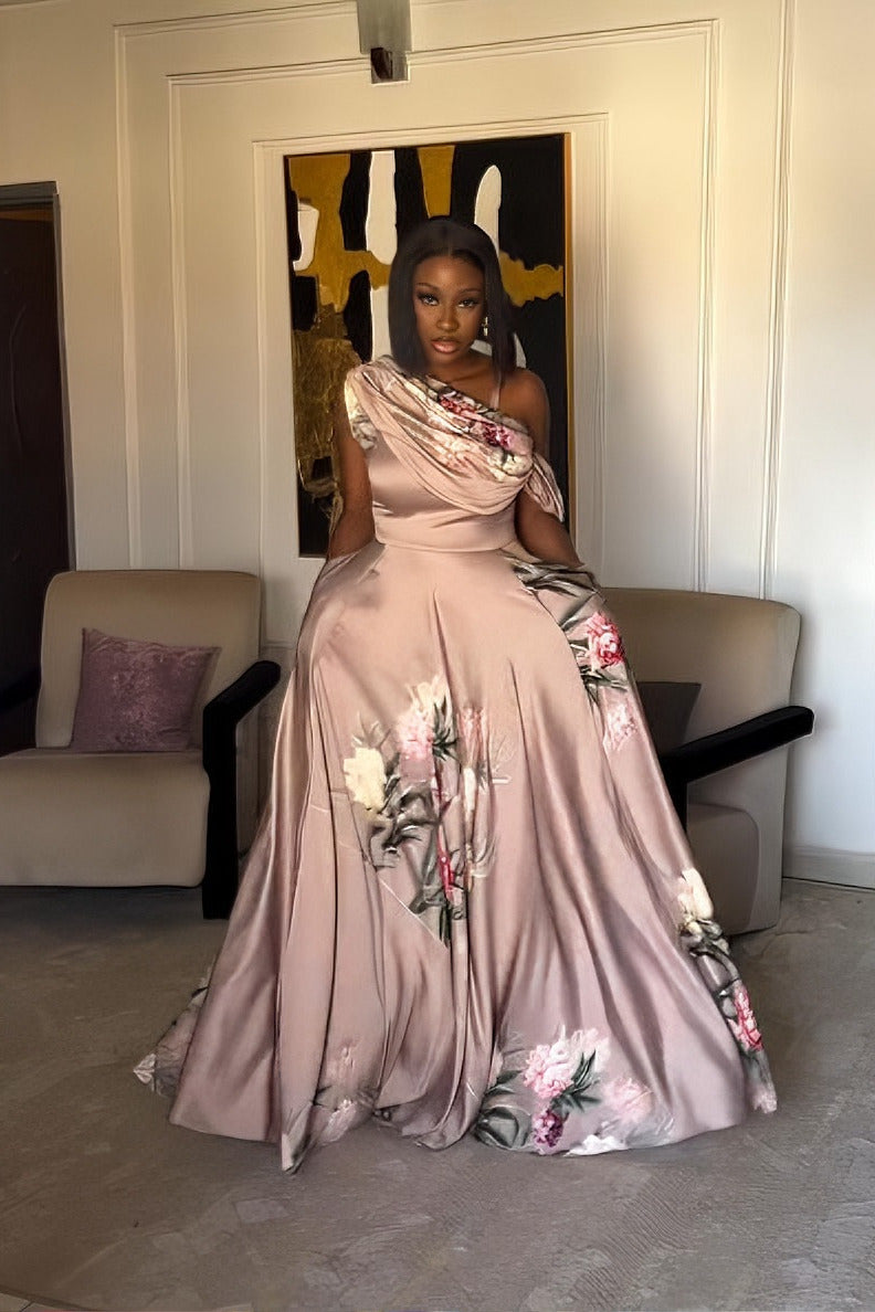 Elegant Floral Satin Off-Shoulder Maxi Dress