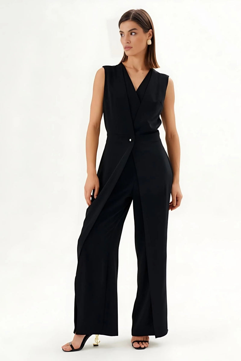 Black Sleeveless Wrap-Effect Wide-Leg Jumpsuit
