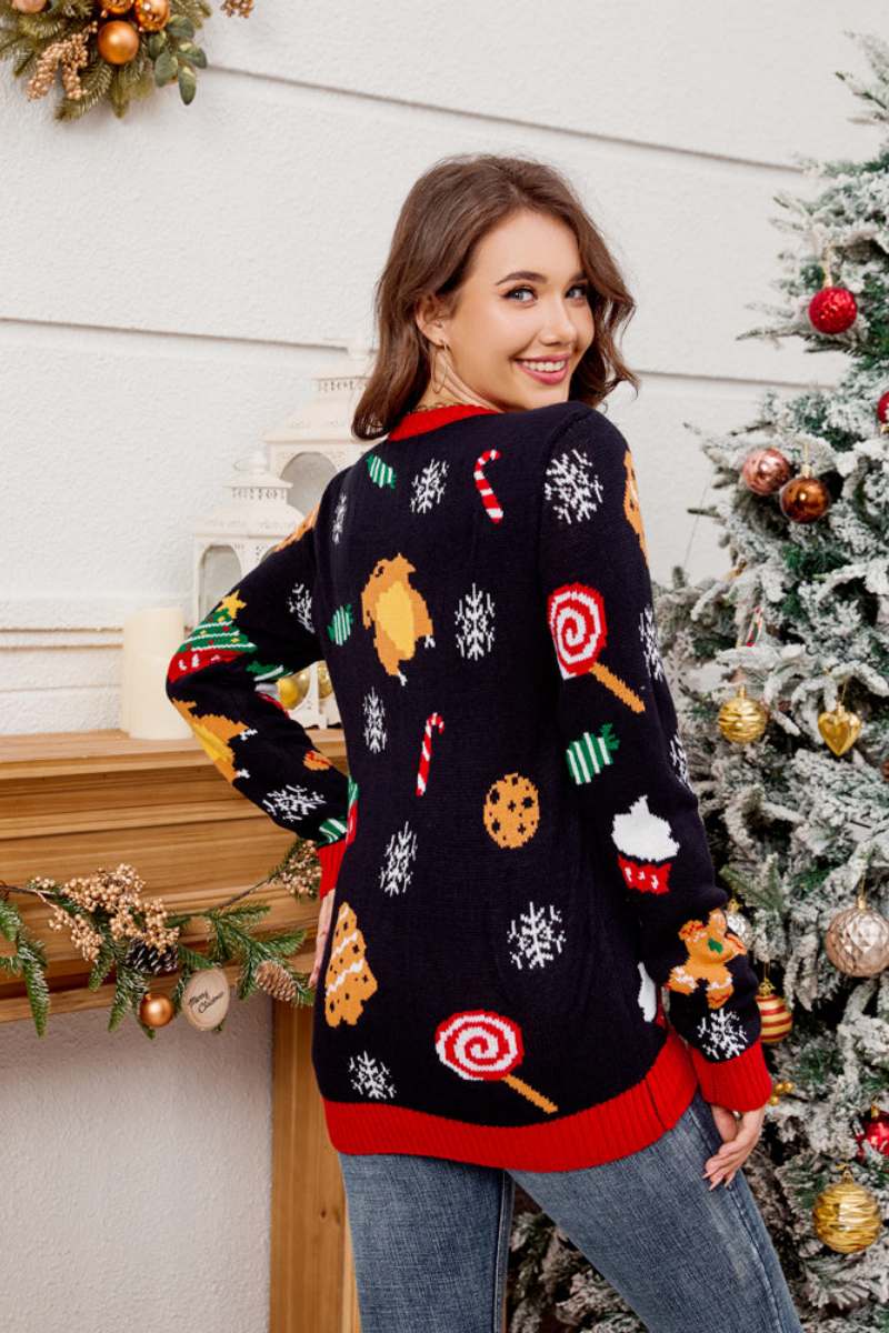 Casual Crewneck Embroidered Christmas Tree Sweater