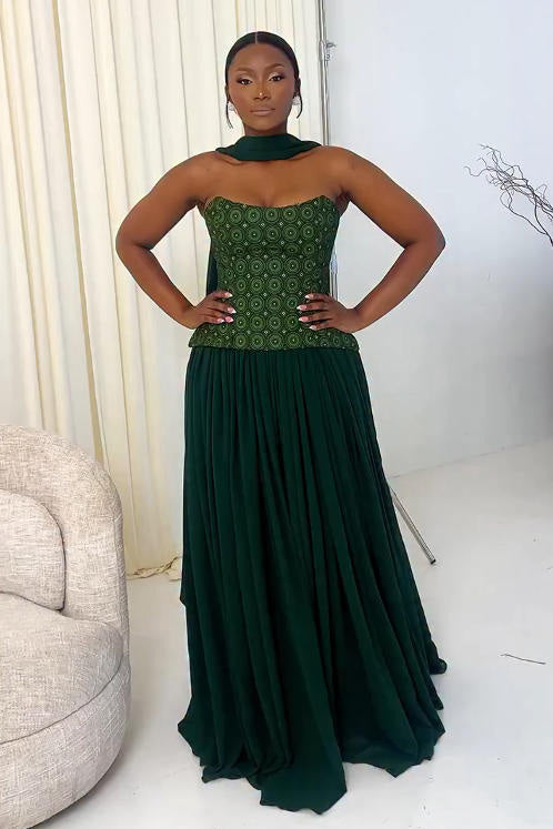 Elegant Emerald Cape-Shoulder Gala Maxi Dress