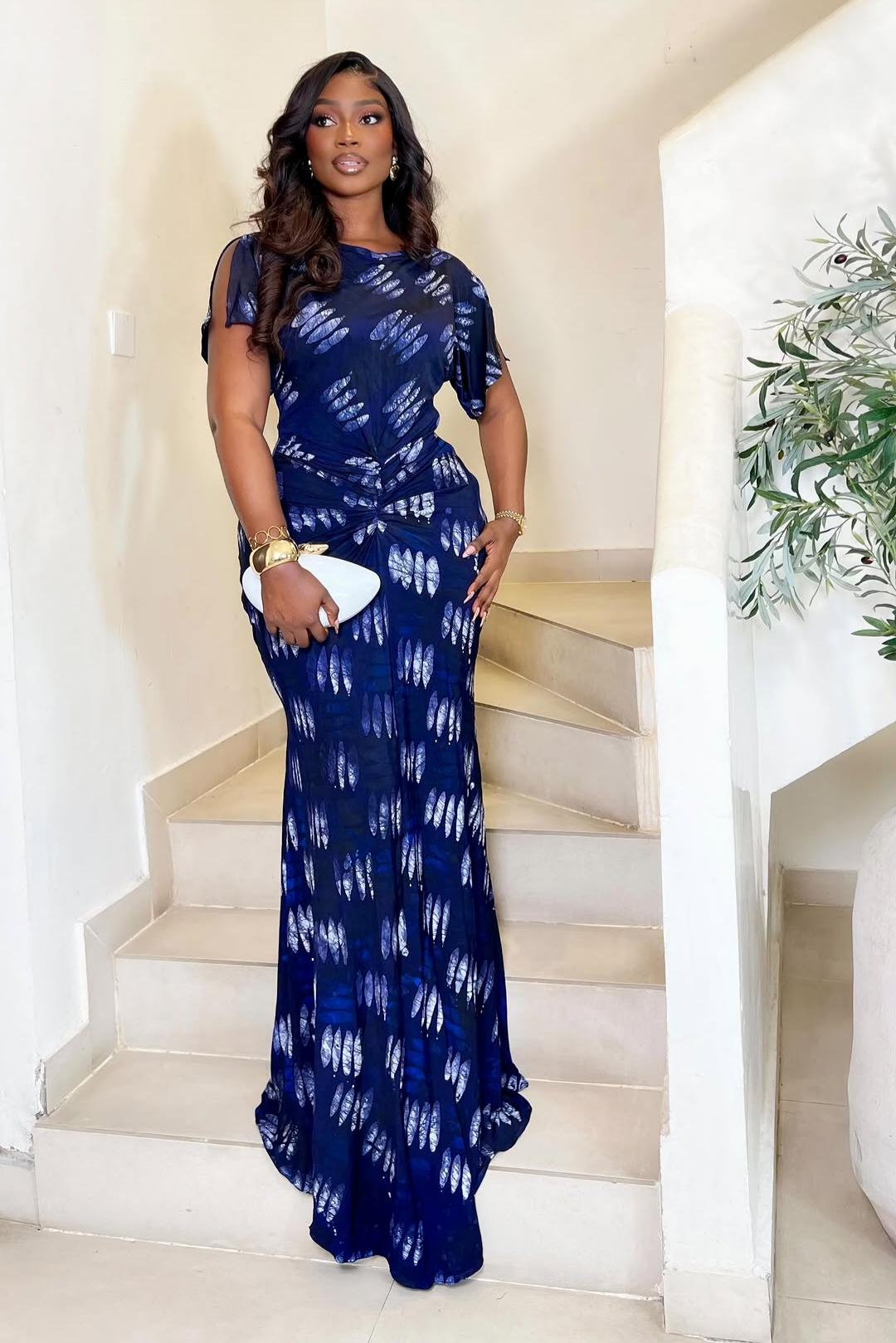 Navy Blue Feather-Print Ruched Maxi Dress