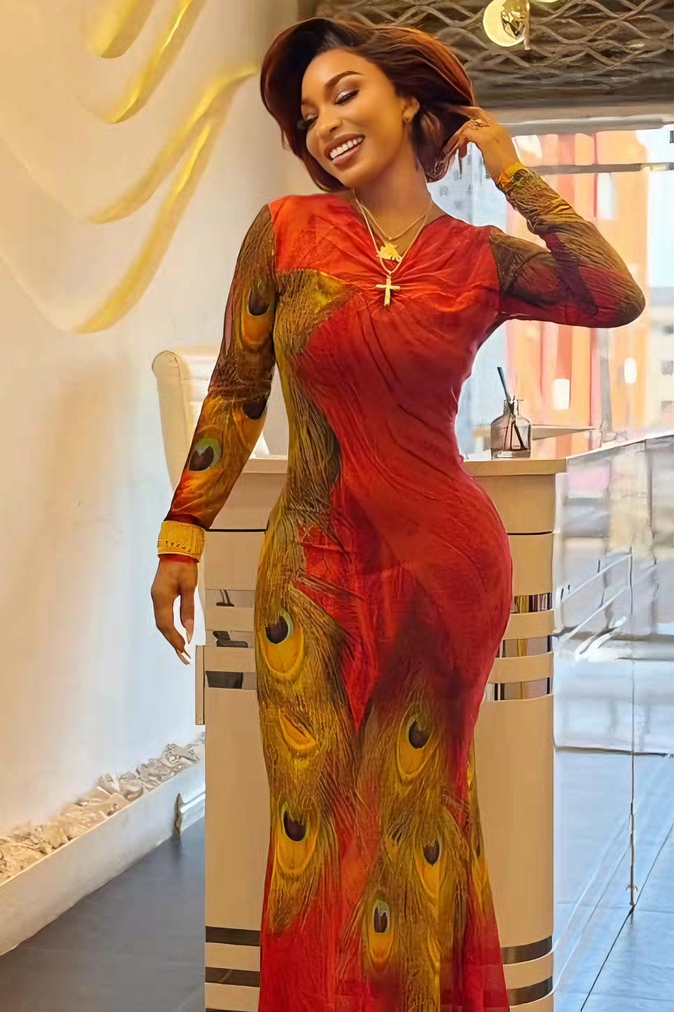 Phoenix Feather Bodycon Maxi Dress