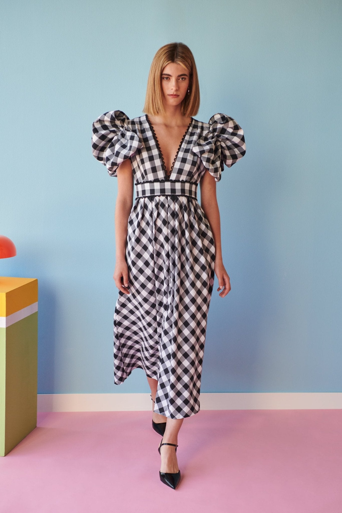 Soveshi Puff Sleeve Black and White Plaid Maxi Dress