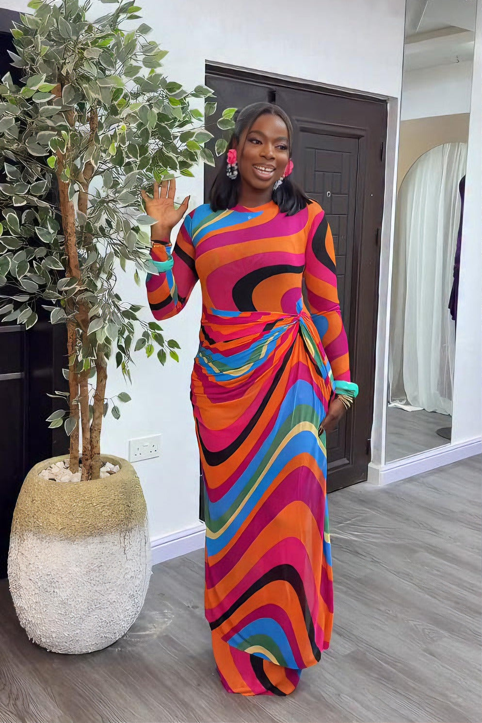 Energetic Swirl Sheer Long-Sleeve Maxi Dress