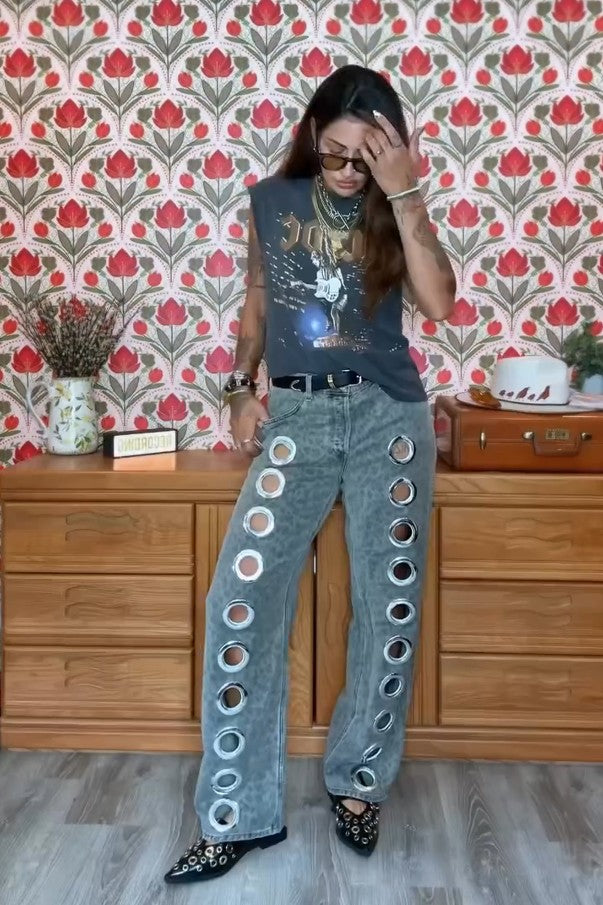 Leopard Print Eyelet Jeans