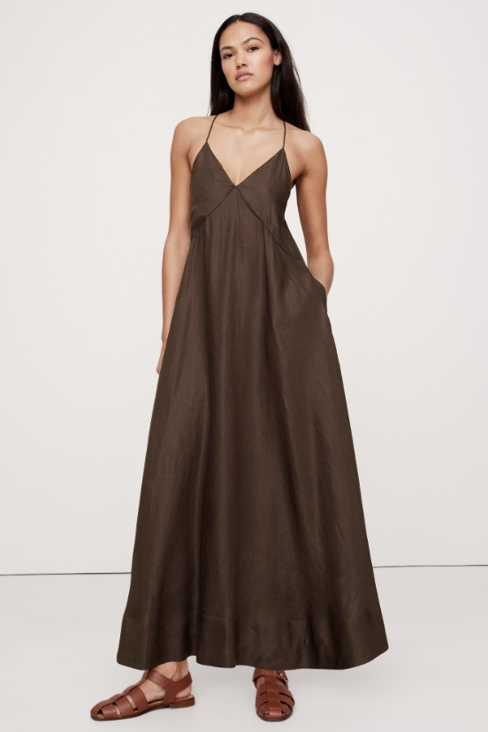 Espresso Brown Viscose-Linen Maxi Dress