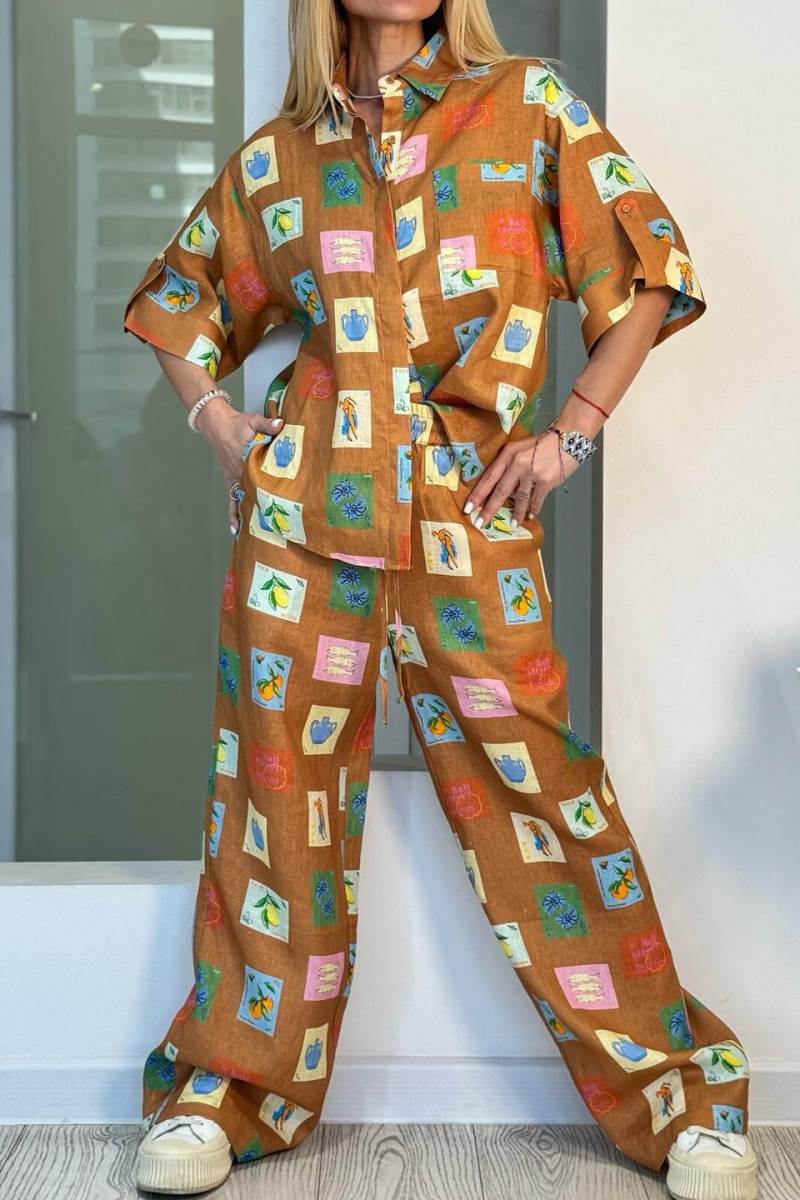 Pantalon large ample avec imprimé floral botanique ethnique - Ensemble