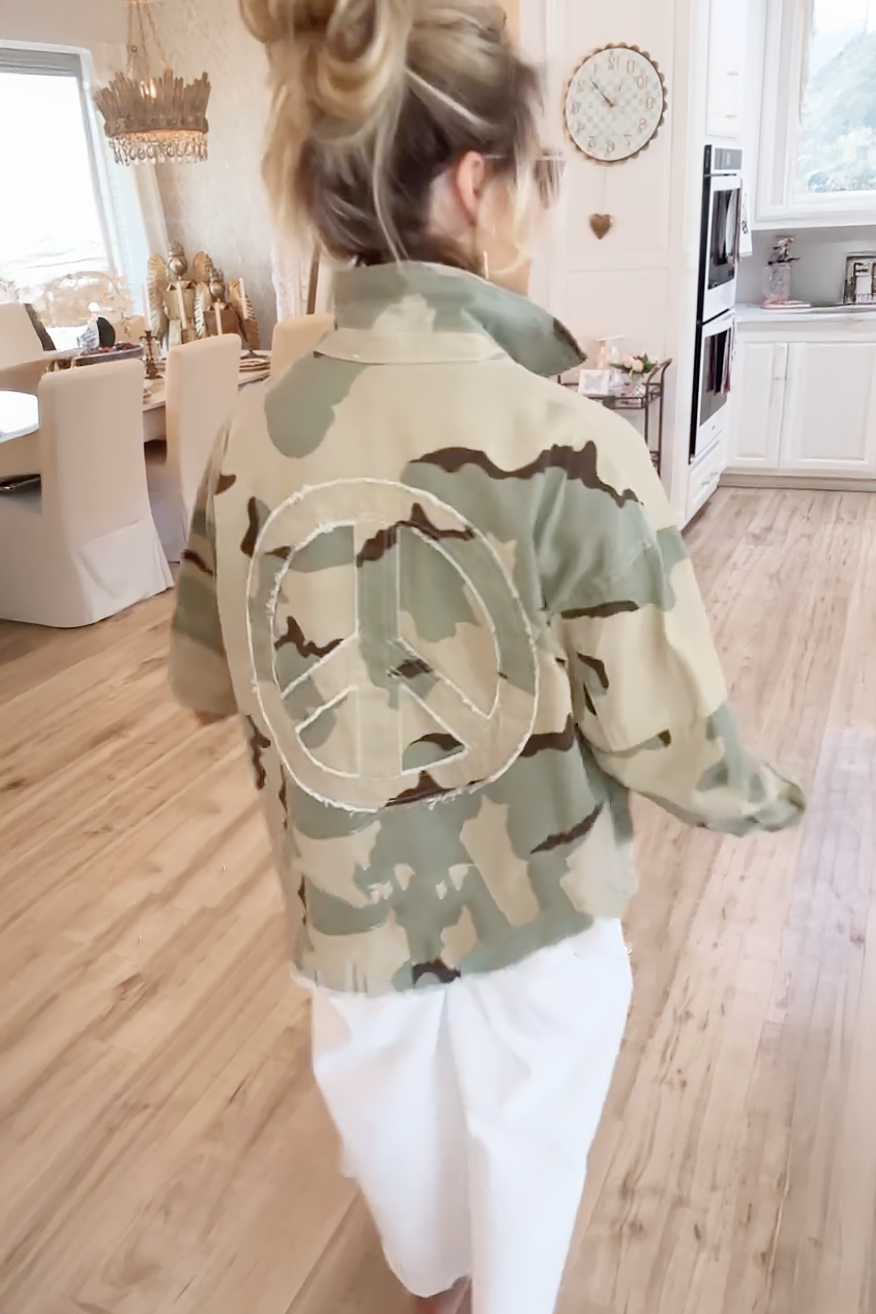 Statement Distressed Peace Camouflage Jacket