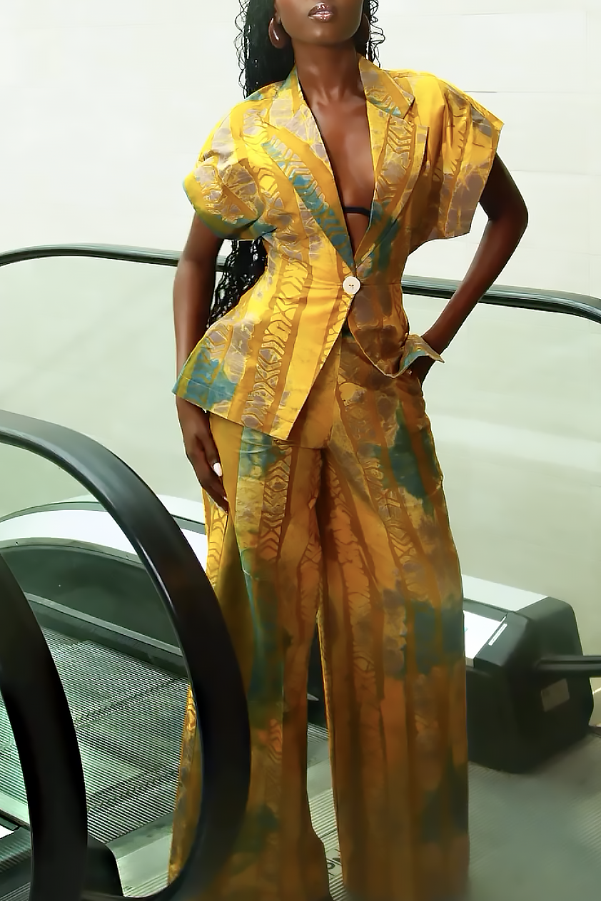 Ethnic Print Short-Sleeve Blazer Pants Set