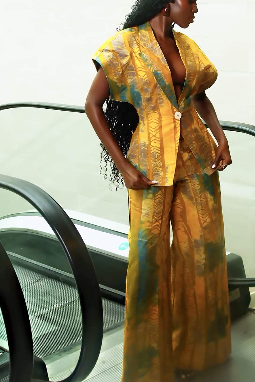 Ethnic Print Short-Sleeve Blazer Pants Set