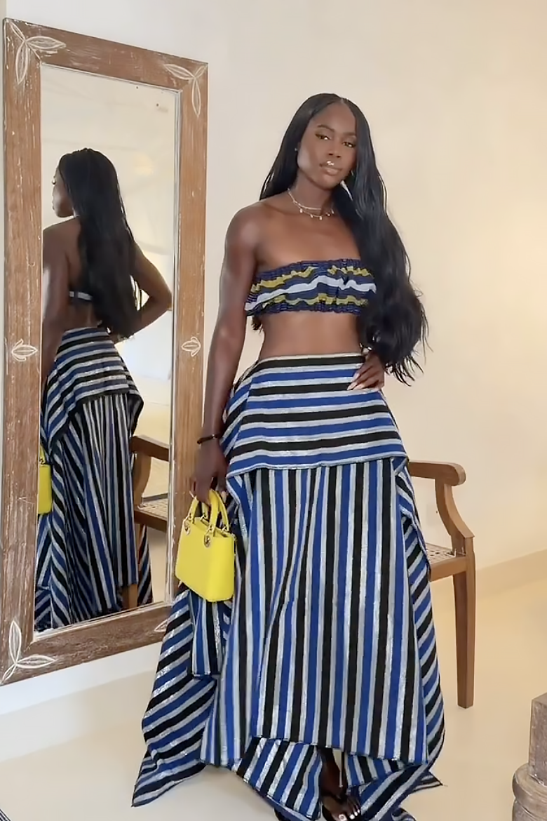 Fustă maxi asimetrică cu dungi și tiv înalt-jos