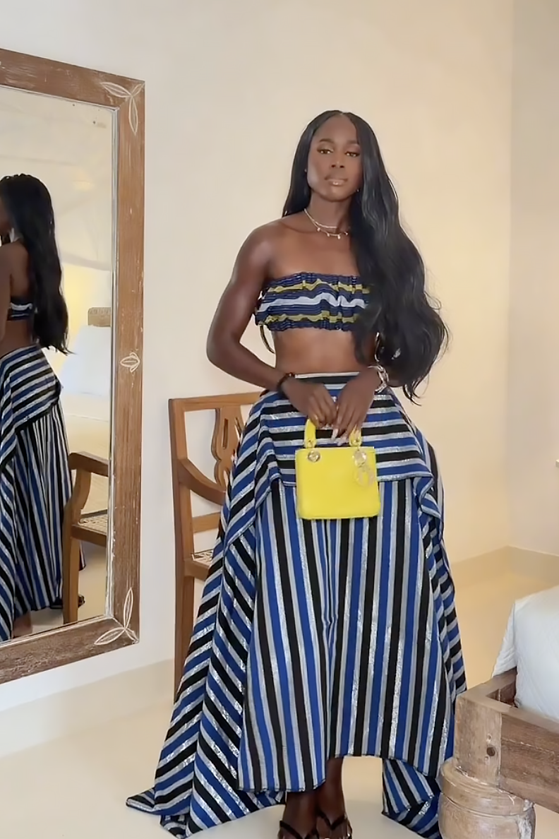 Fustă maxi asimetrică cu dungi și tiv înalt-jos