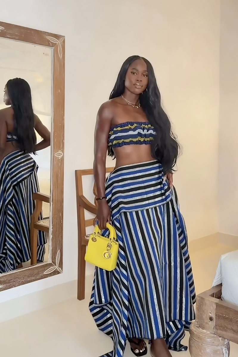 Fustă maxi asimetrică cu dungi și tiv înalt-jos