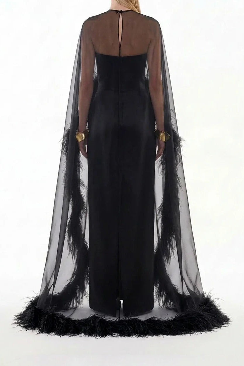 Strapless Straight-Cut Maxi Dress With Feather Cape