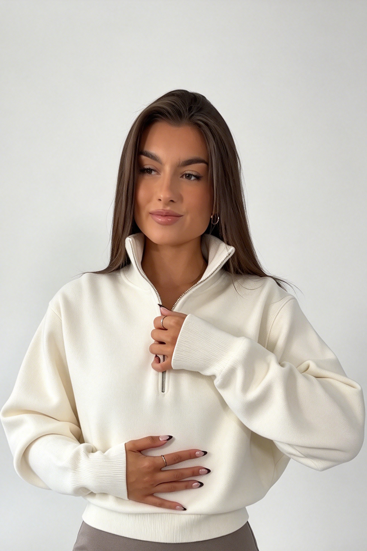 Oversize Yarım Fermuarlı Kazak Sweatshirt