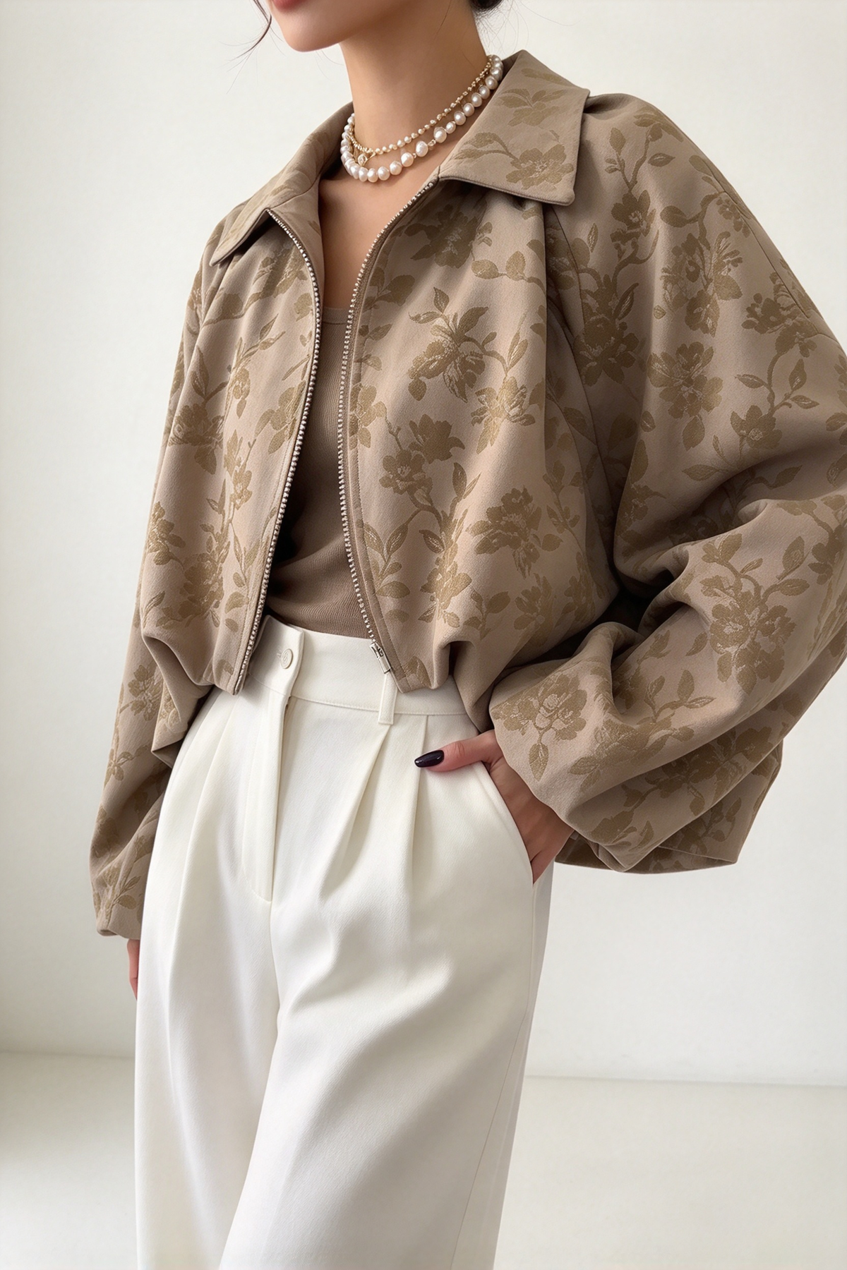 Khaki Vintage Floral Collared Zip-Front Short Jacket