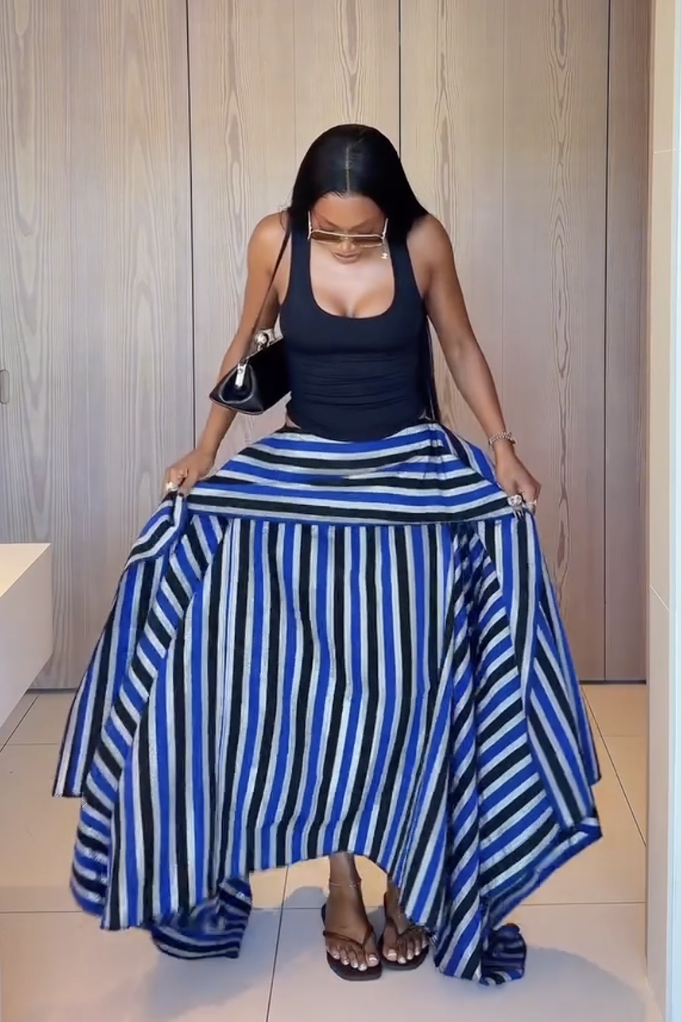 Green Striped Asymmetric High-Low Skirt