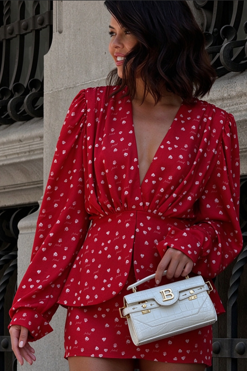 Conjunto de falda mini de manga larga con cuello en V y lunares