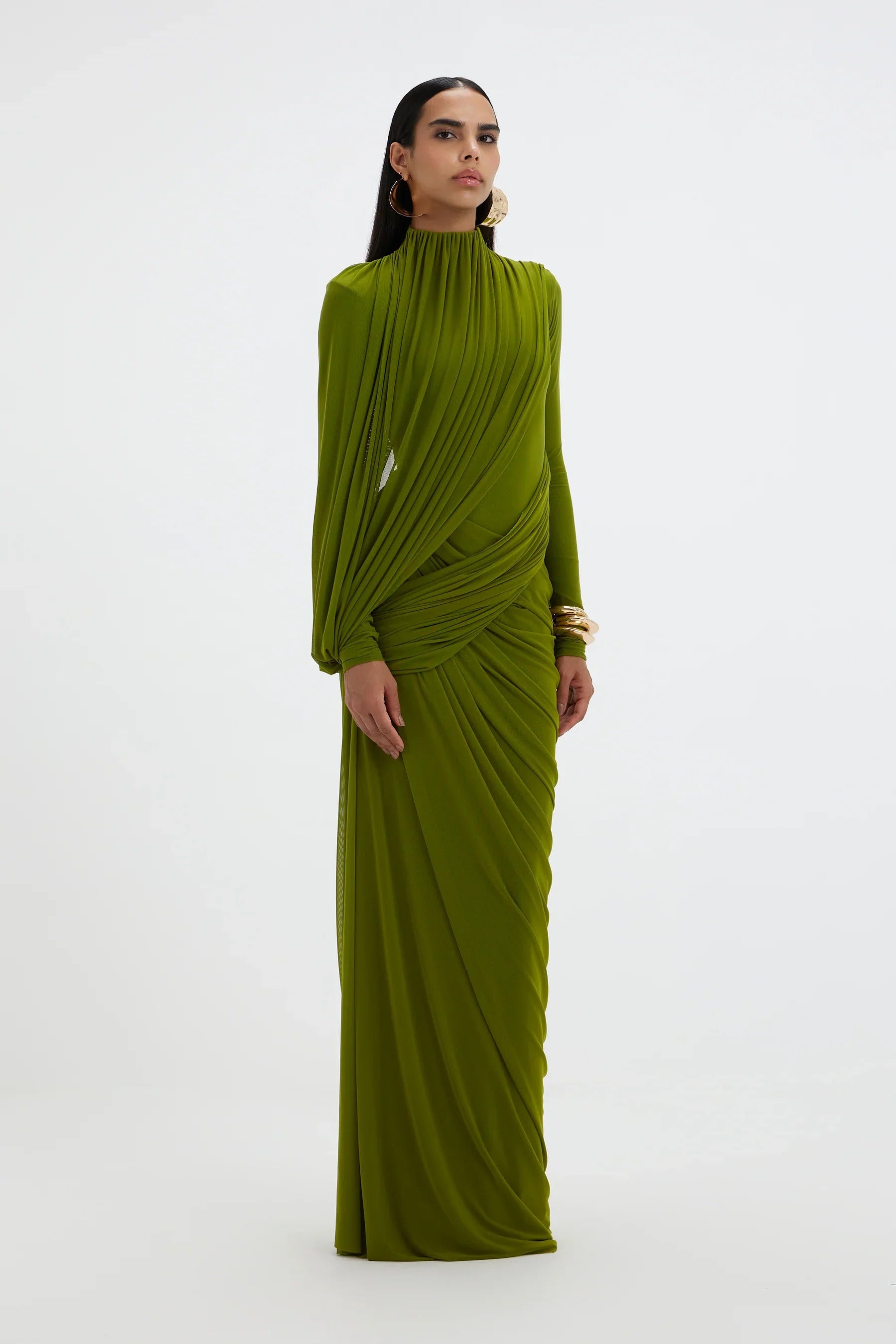Sculptural Matcha Draped Maxi Dress
