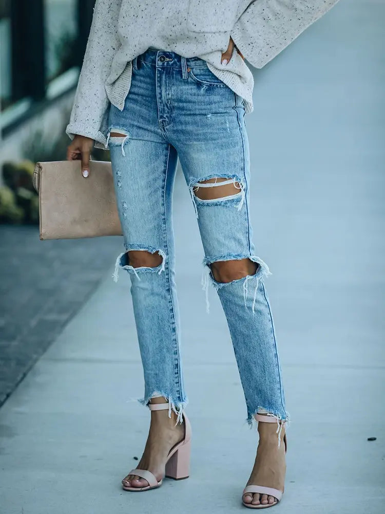 Jeans aderenti strappati stile street, lunghezza alla caviglia