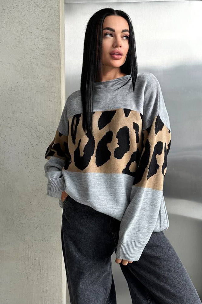 Retro Leopard Print Color-Block Sweater