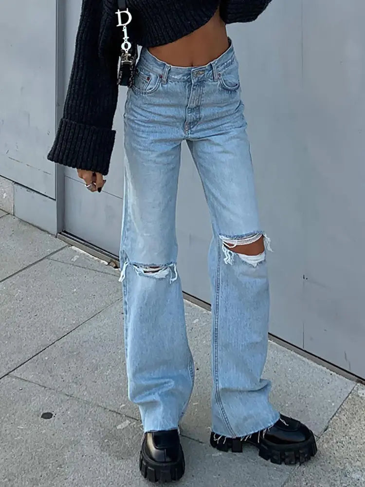 Trendy rozšířené široké džíny z roztrhaného denimu