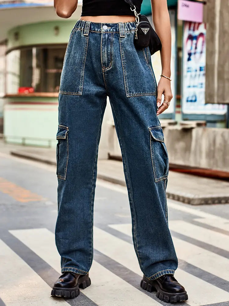 Pantalon utilitaire en denim à taille élastique style rétro lavé