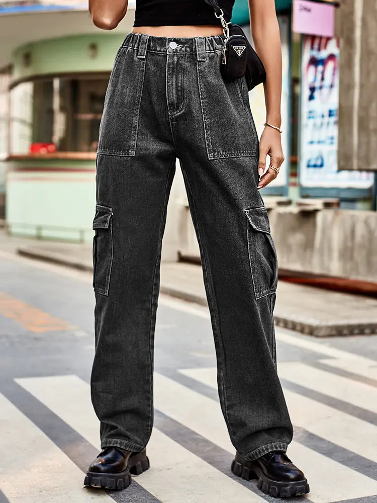 Retro gewäsch Utility-Denim-Hosen mat elasteschem Bund