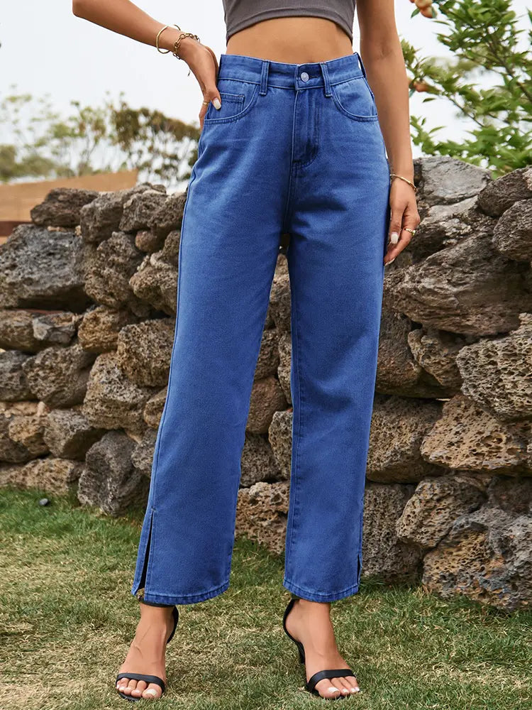 Trendy gewäschten Denim Boxepatalonen mat opgesplécktem Saum