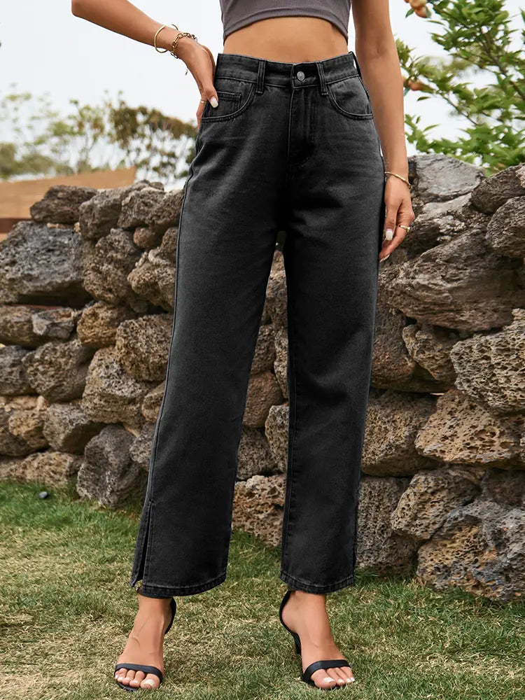 Trendy gewäschten Denim Boxepatalonen mat opgesplécktem Saum