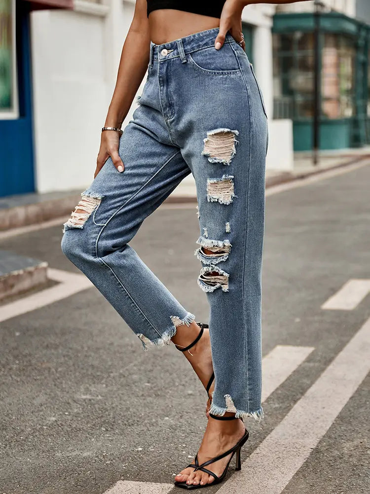 Trendeg ofgerafelt gekierzt Slim-Fit Jeans
