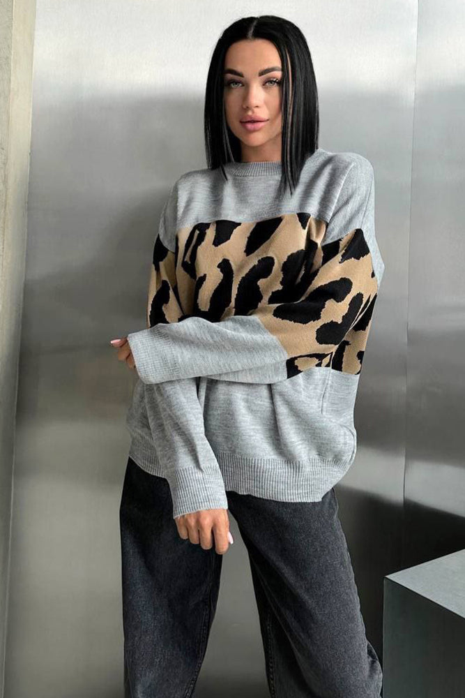 Retro Leopard Print Color-Block Sweater