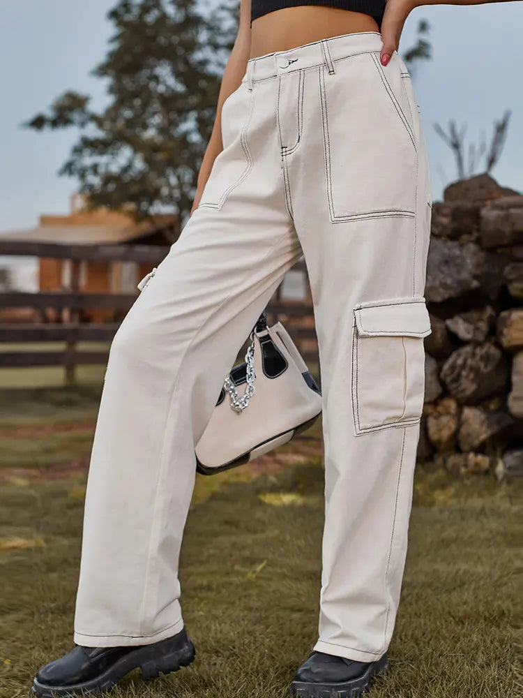 Pantaloni Cargo in Denim a Vita Elastica Vintage con Vestibilità Comoda