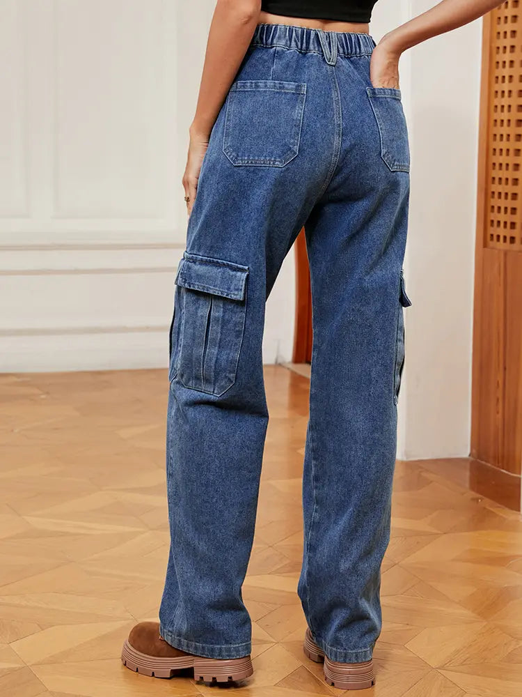 Amerikansk stil elastik i taljen denim cargobukser