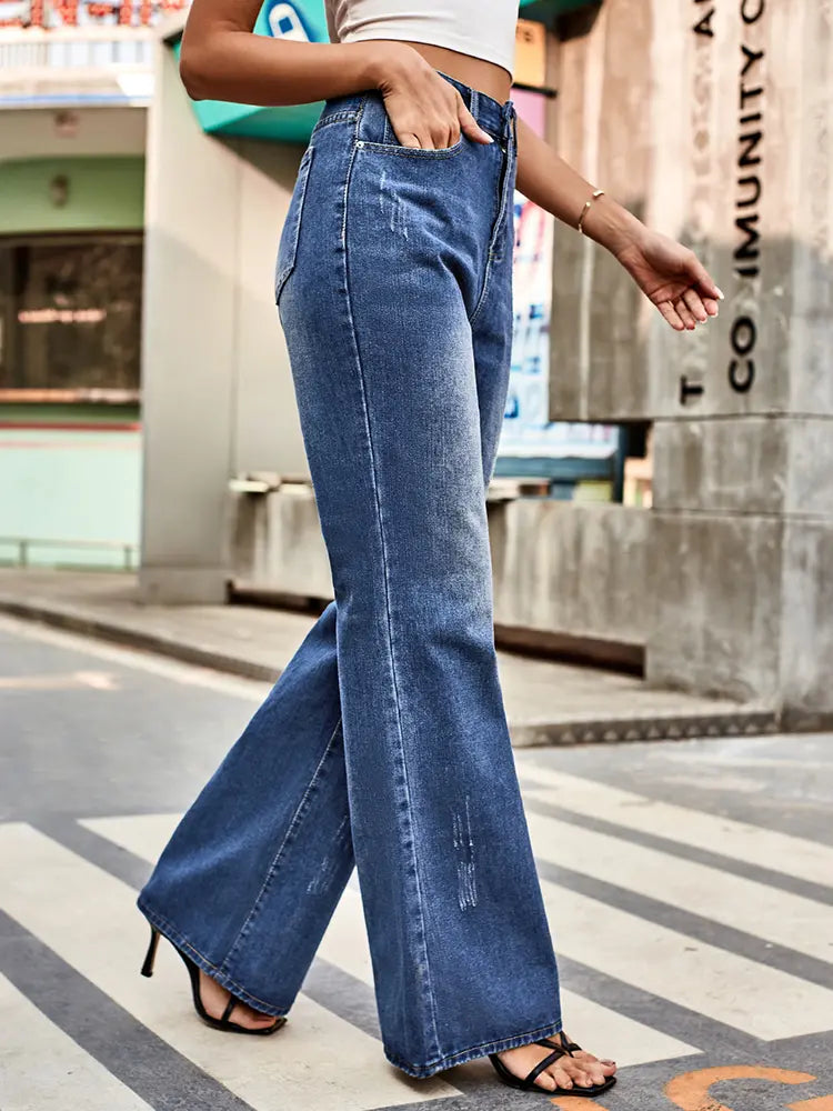 Pantalon en jean évasé polyvalent à taille mi-haute