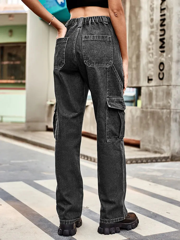 Retro gewäsch Utility-Denim-Hosen mat elasteschem Bund