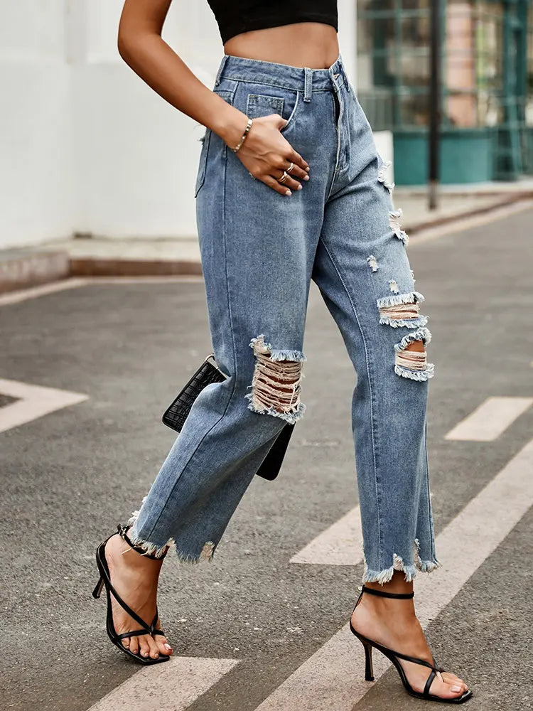 Trendeg ofgerafelt gekierzt Slim-Fit Jeans