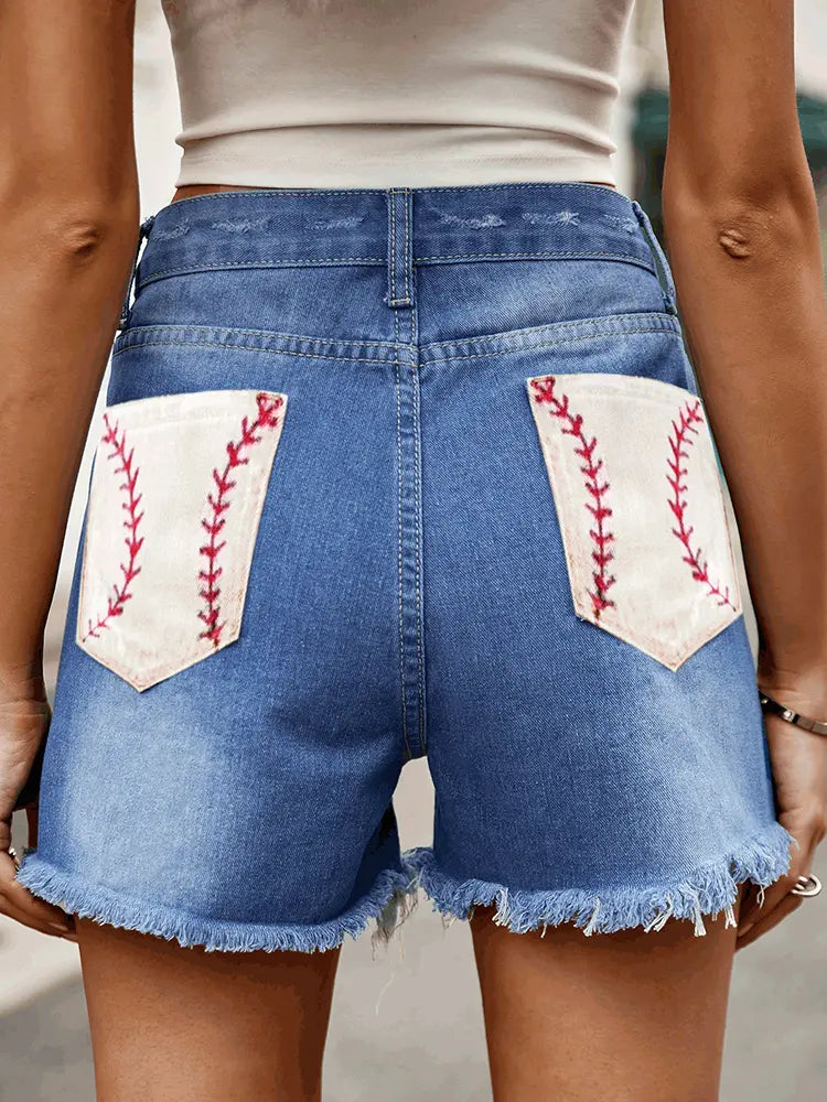 Flaggtrykk Slitte Denimshorts med Knapper