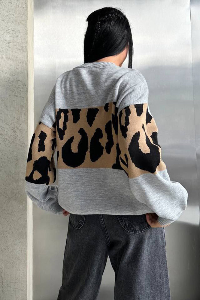 Retro Leopard Print Color-Block Sweater
