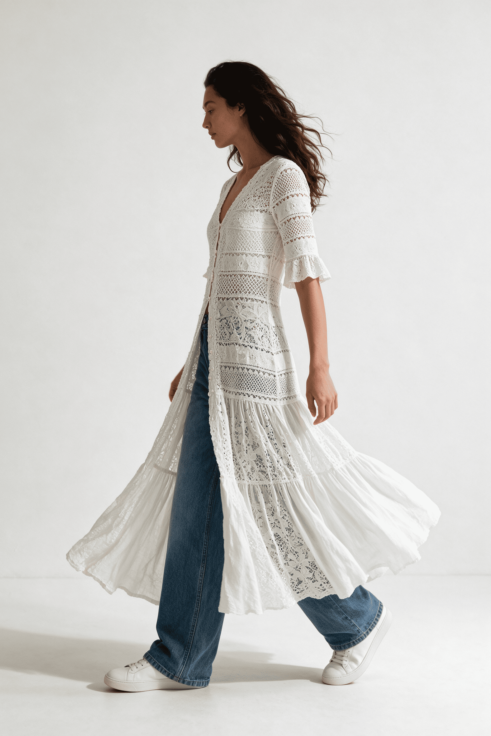 V-Neck Button Down Tiered Ruffle White Maxi Dress
